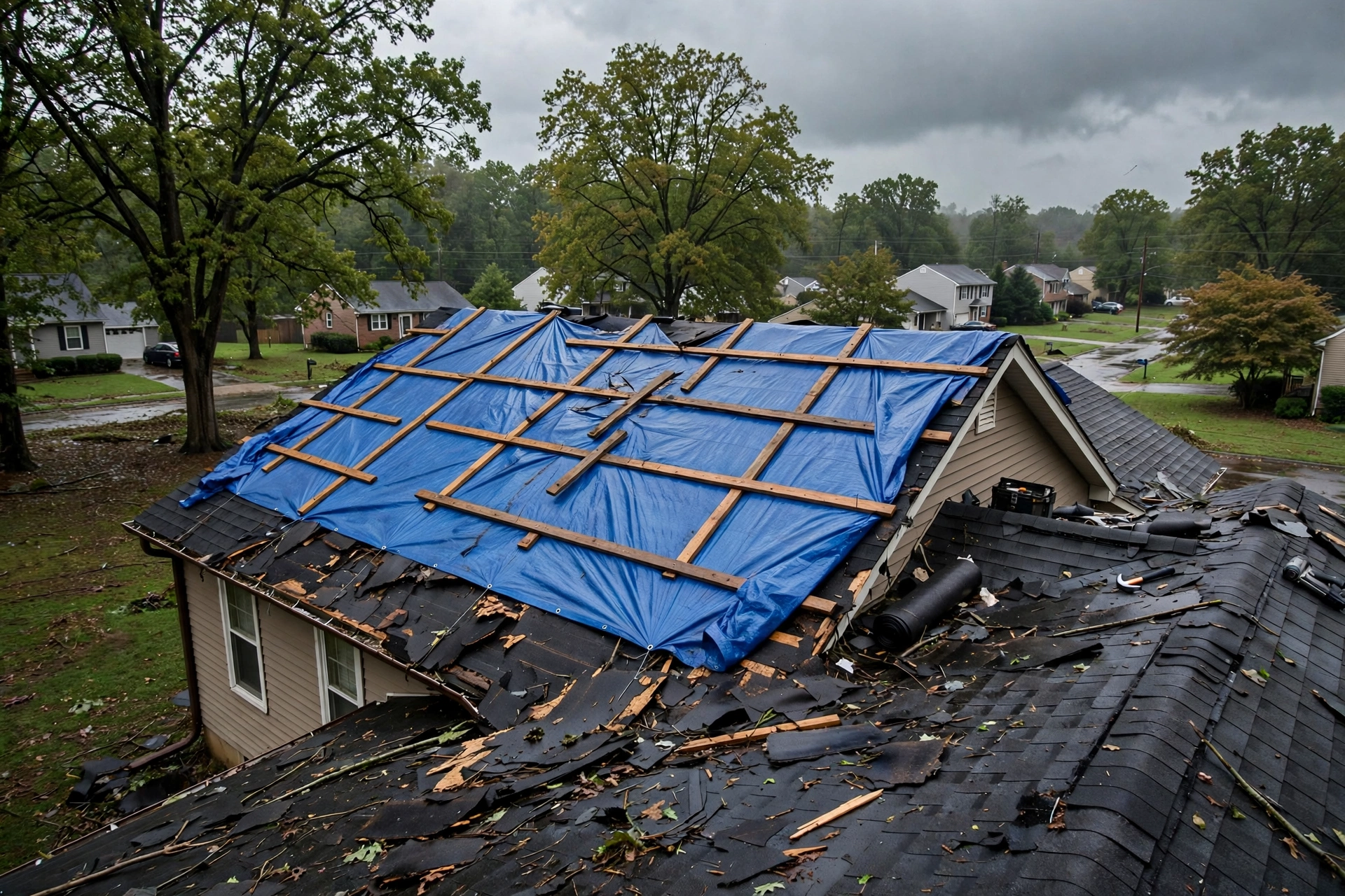 Storm-damaged roof being repaired on a State College, PA home
